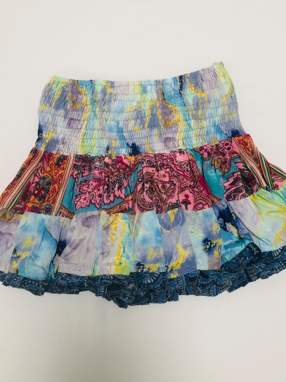 Boho Patchwork Silk Blend Tiered Mini Skirt. 70% Silk and 30% Polyester
